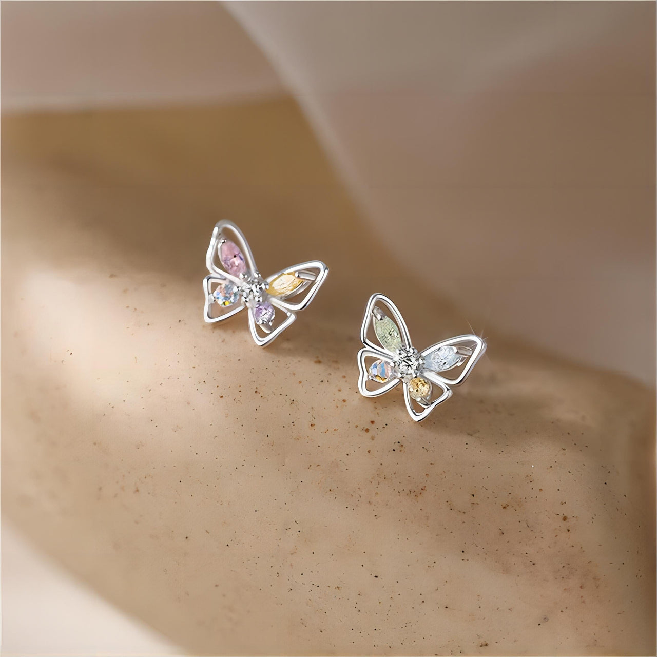Dainty Colorful CZ Inlaid Silver Butterfly Earrings - ArtGalleryZen