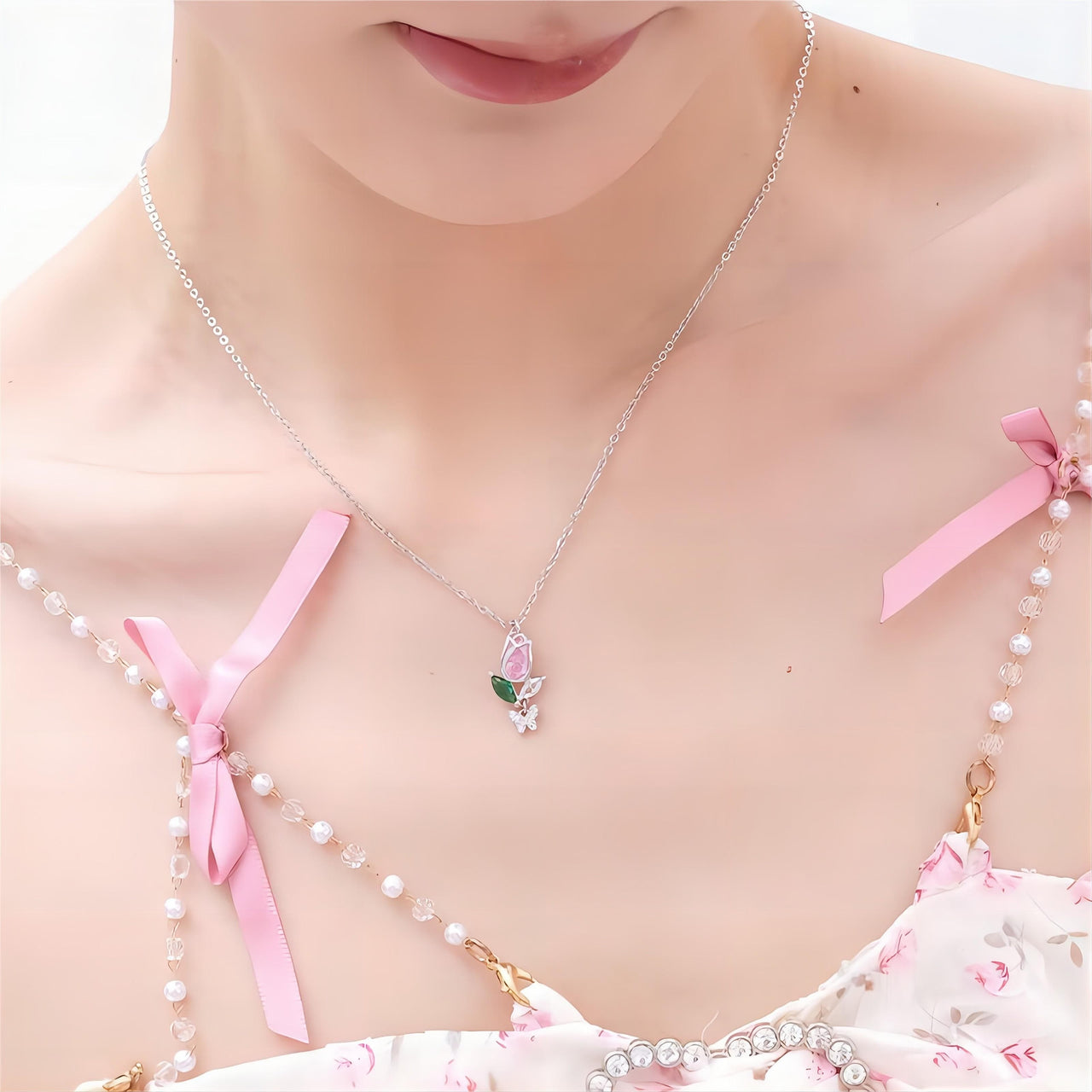 Dainty Crystal Butterfly Tulip Necklace - ArtGalleryZen