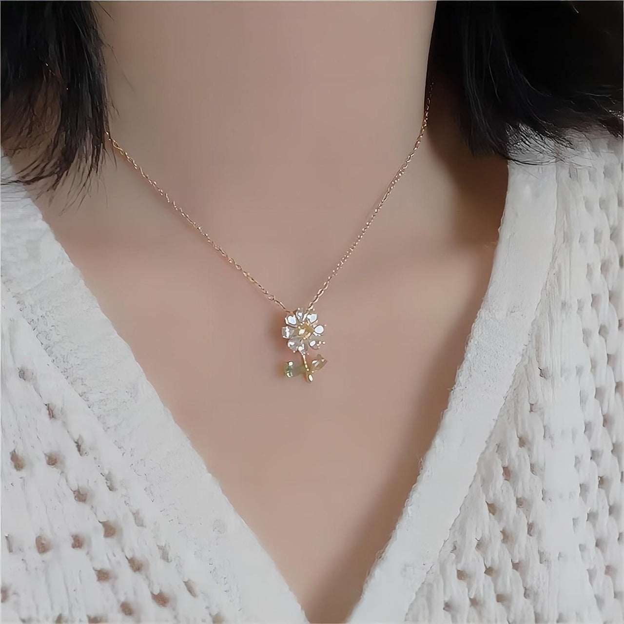 Dainty Crystal Daisy Flower Necklace Earrings Set - ArtGalleryZen