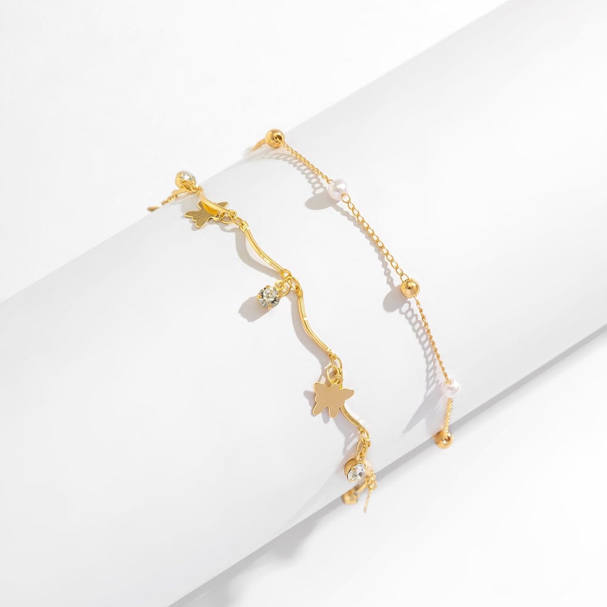 Dainty Crystal Pearl Charm Butterfly Tassel Stackable Anklet Set - ArtGalleryZen