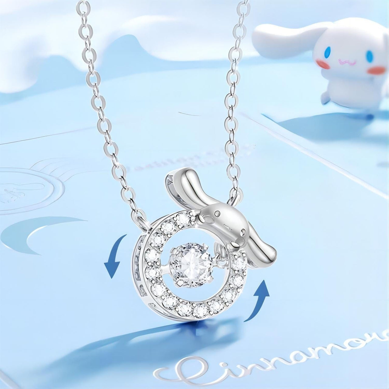 Dainty CZ Inlaid Crystal Rolling Heart Cinnamoroll Necklace