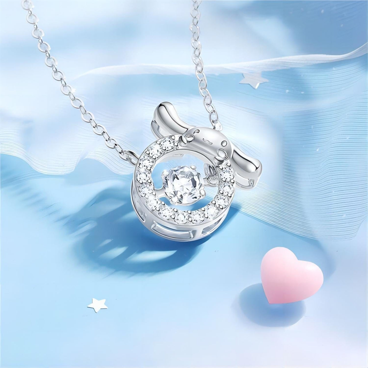 Dainty CZ Inlaid Crystal Rolling Heart Cinnamoroll Necklace - ArtGalleryZen