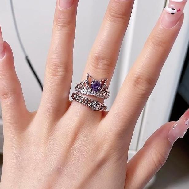 Dainty CZ Inlaid Kuromi Baku Pattern Matching Open Ring - ArtGalleryZen