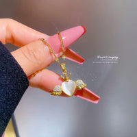 Thumbnail for Dainty CZ Inlaid Opal Crown Heart Wings Necklace - ArtGalleryZen