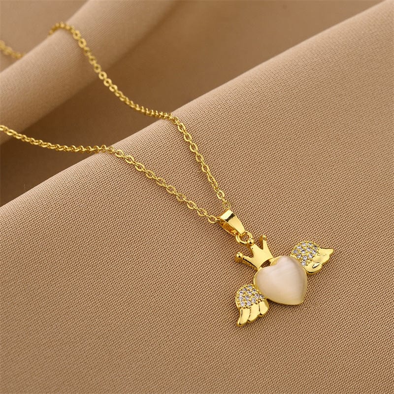 Dainty CZ Inlaid Opal Crown Heart Wings Necklace - ArtGalleryZen