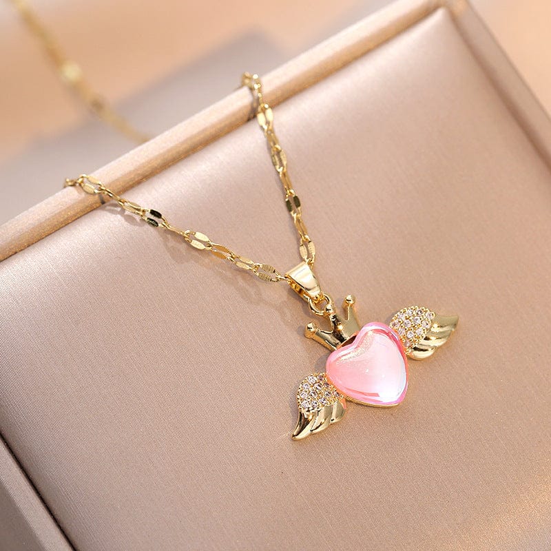 Dainty CZ Inlaid Opal Crown Heart Wings Necklace - ArtGalleryZen