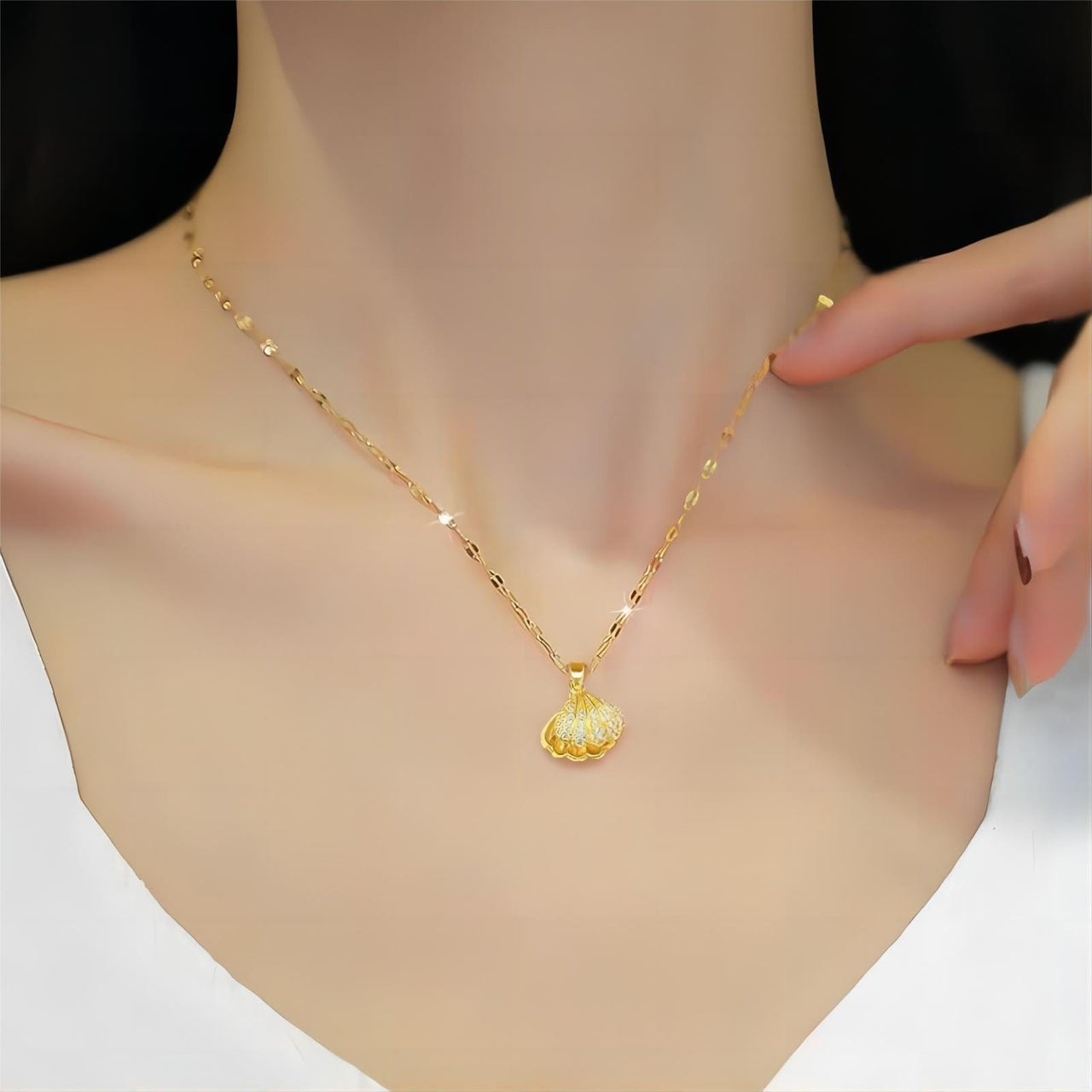 Dainty CZ Inlaid Pearl Shell Pendant Chain Necklace - ArtGalleryZen