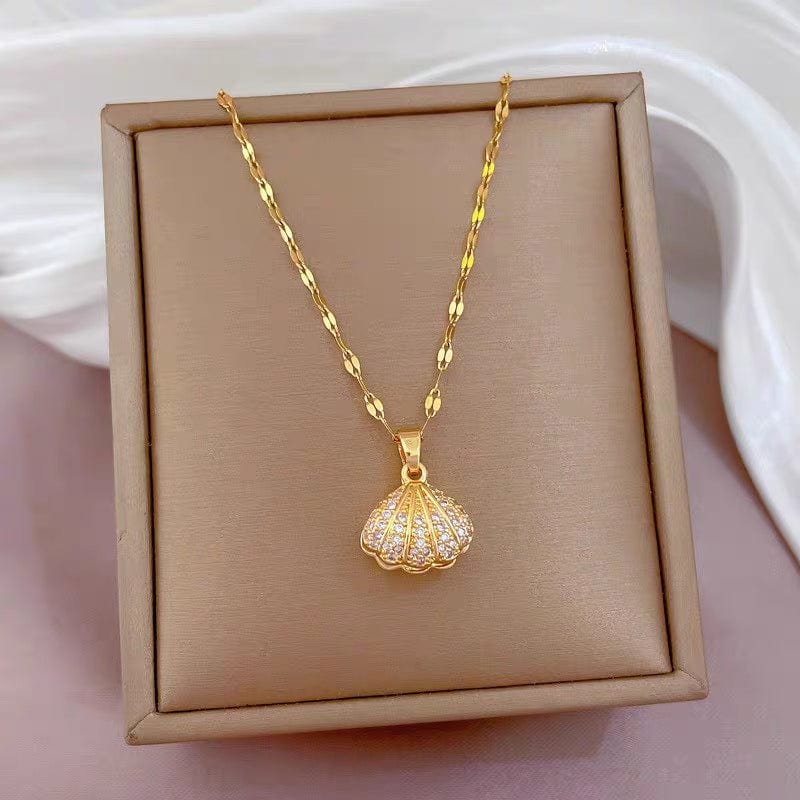 Dainty CZ Inlaid Pearl Shell Pendant Chain Necklace - ArtGalleryZen