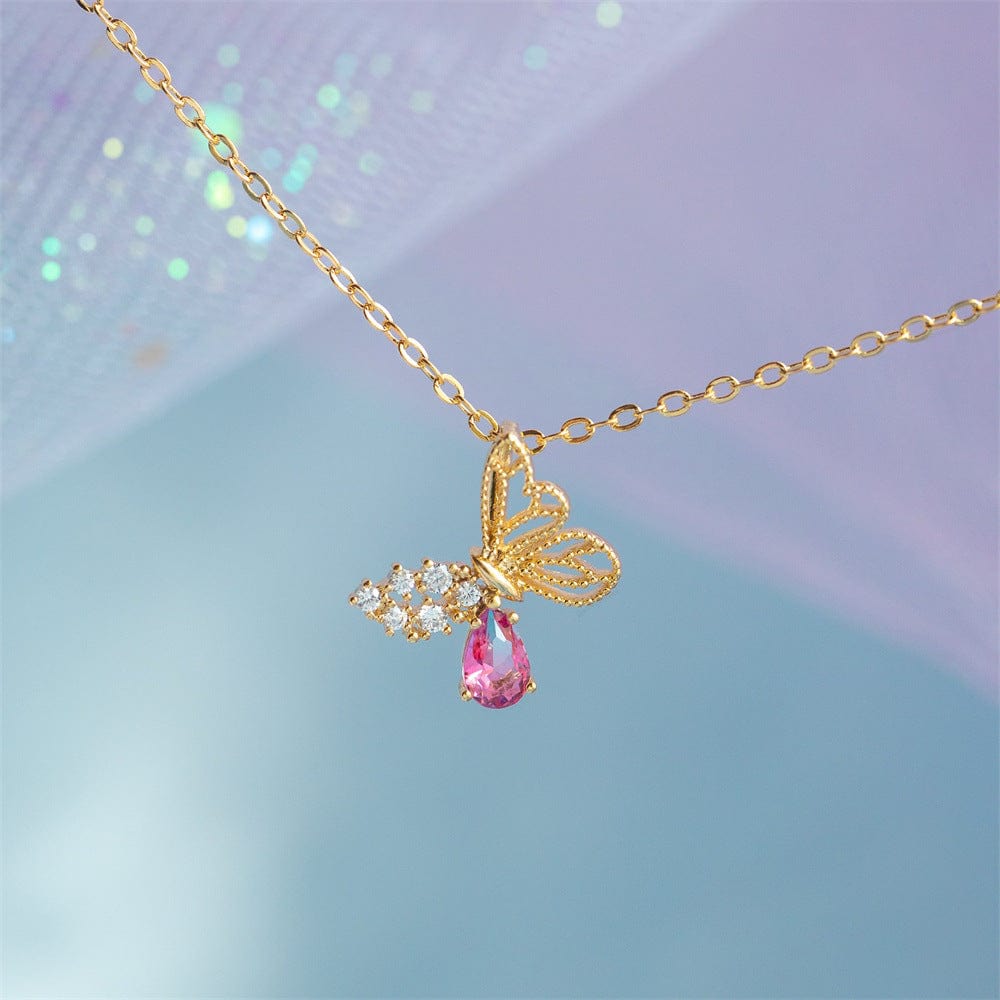 Dainty CZ Inlaid Pink Crystal Hollowed-out Butterfly Necklace - ArtGalleryZen