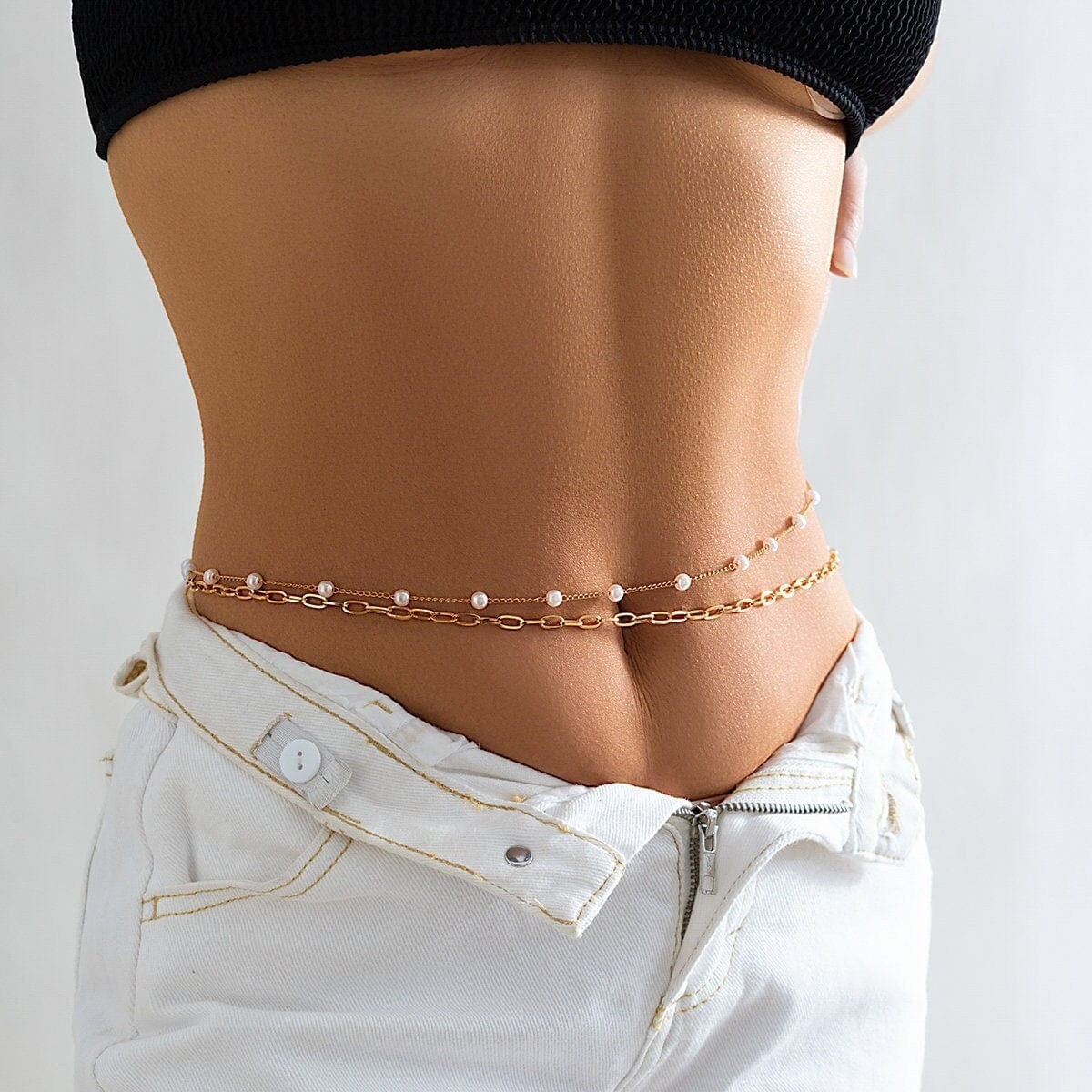 Dainty Layered Paperclip Pearl Belly Chain Set - ArtGalleryZen