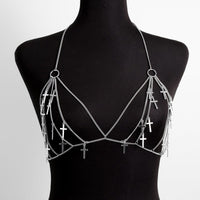 Thumbnail for Dainty Layered Silver Tone Cross Tassel Body Chain Bra - ArtGalleryZen