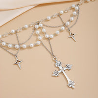 Thumbnail for Dainty Layered Star Cross Pendant Pearl Crystal Chain Necklace - ArtGalleryZen