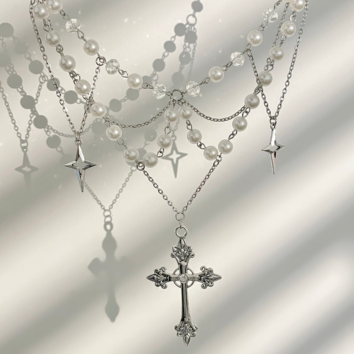Dainty Layered Star Cross Pendant Pearl Crystal Chain Necklace - ArtGalleryZen