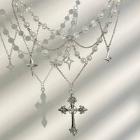 Thumbnail for Dainty Layered Star Cross Pendant Pearl Crystal Chain Necklace - ArtGalleryZen
