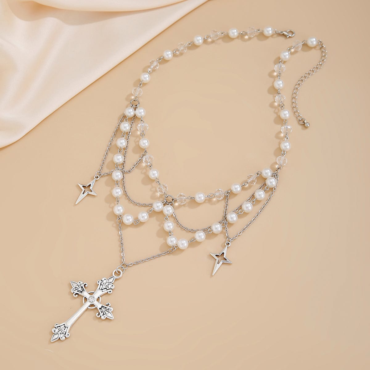 Dainty Layered Star Cross Pendant Pearl Crystal Chain Necklace - ArtGalleryZen