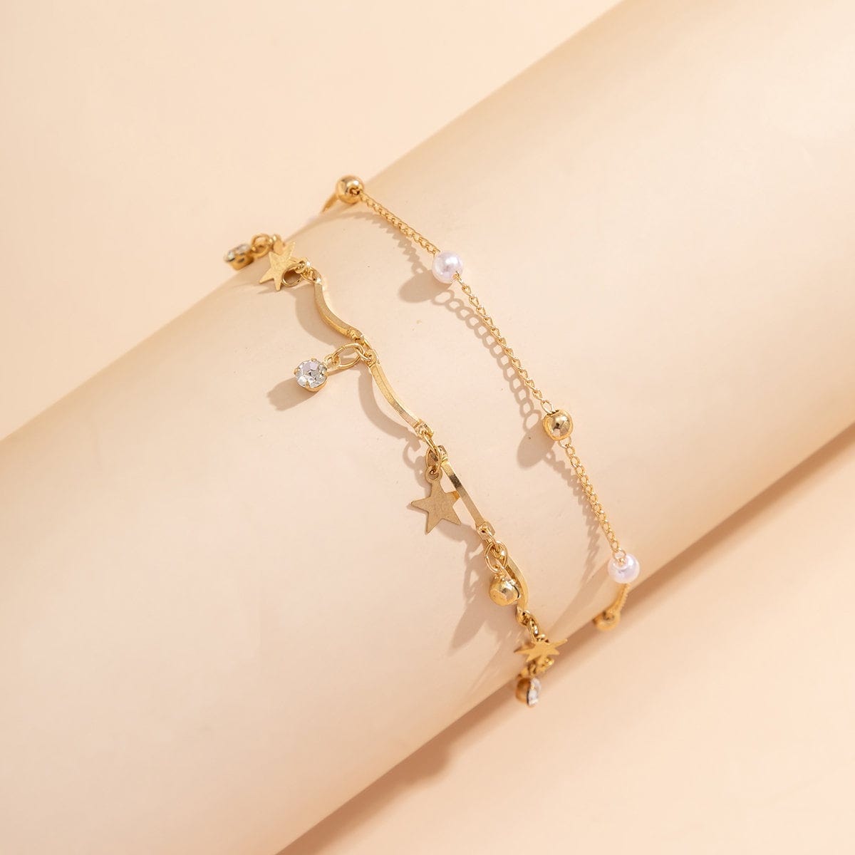 Dainty Pearl Charm Crystal Star Tassel Anklet Set - ArtGalleryZen