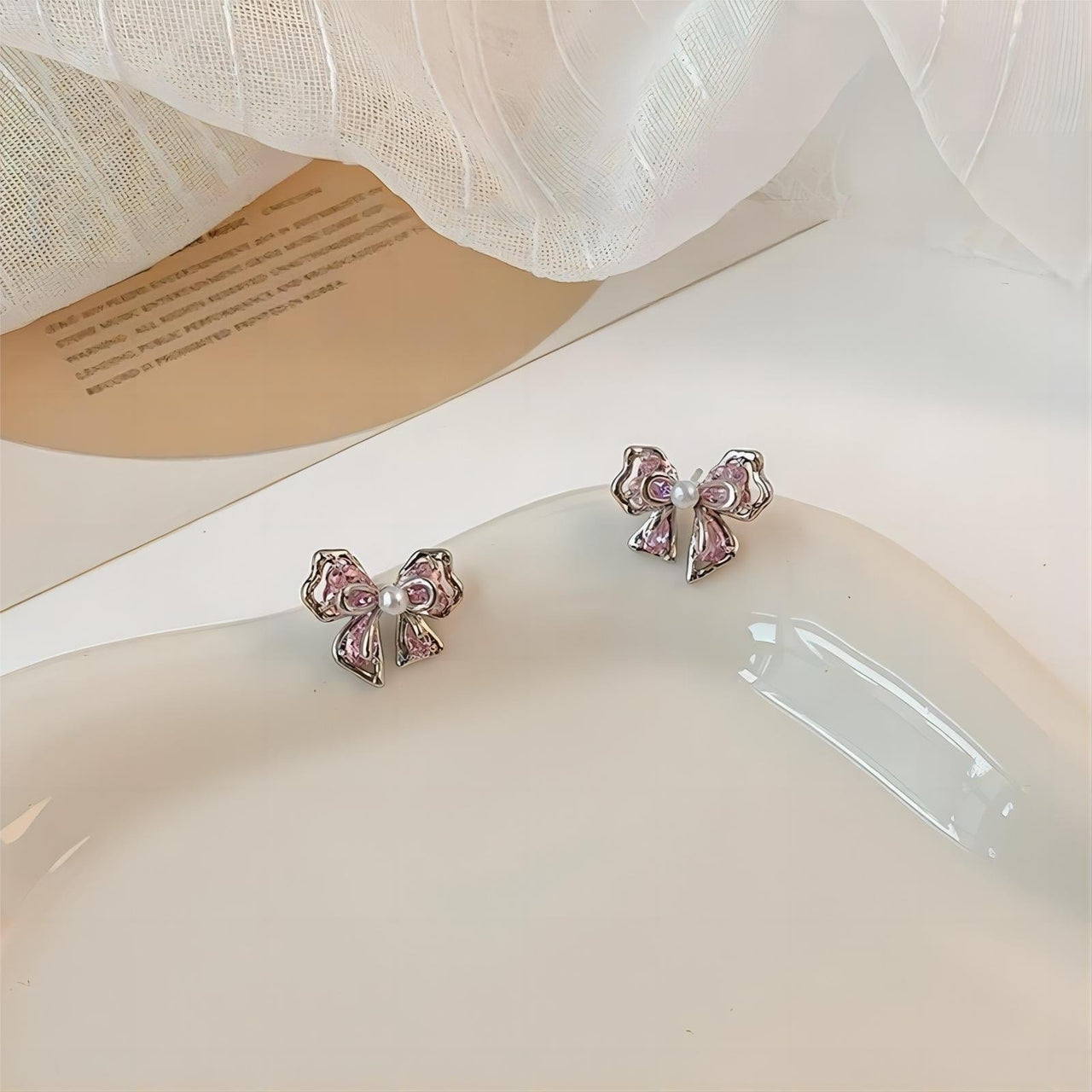 Dainty Pink Crystal Bowknot Pearl Earrings - ArtGalleryZen