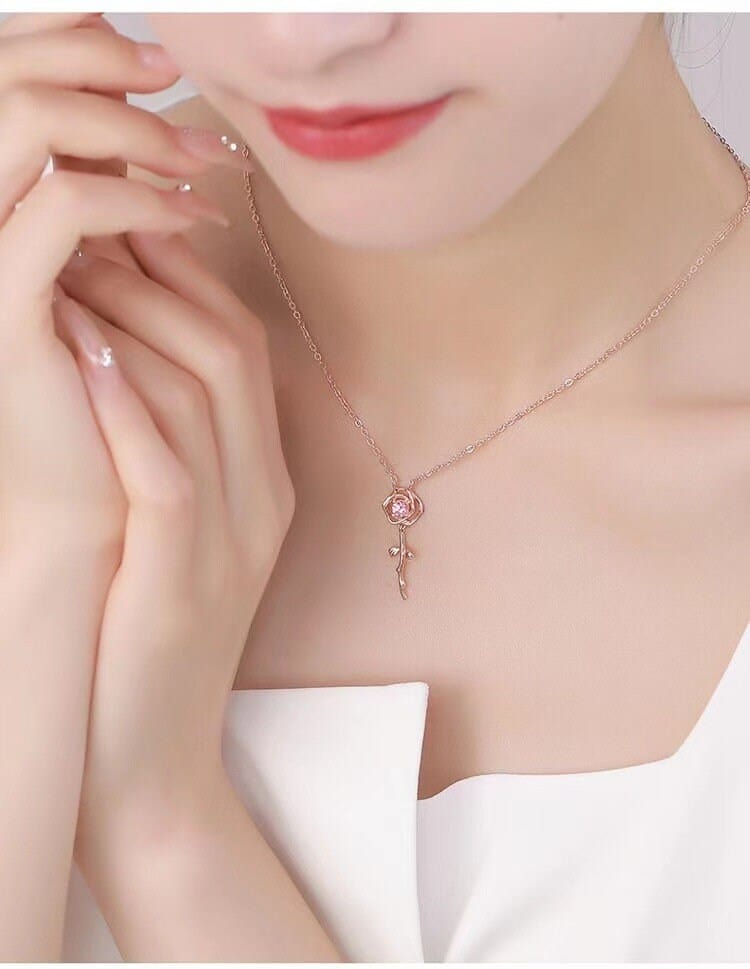 Dainty Pink Crystal English Rose Necklace - ArtGalleryZen