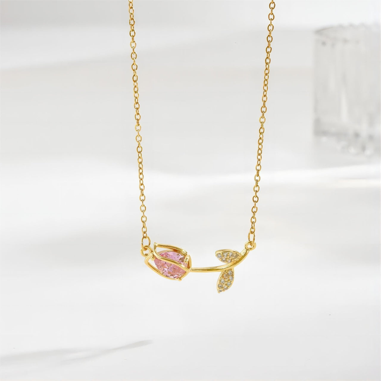 Dainty Pink Crystal Tulip Chain Necklace - ArtGalleryZen