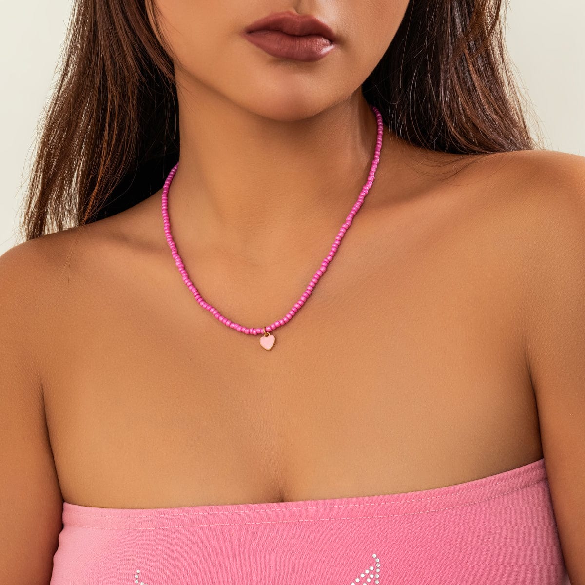 Dainty Pink Heart Pendant Seed Beaded Necklace - ArtGalleryZen