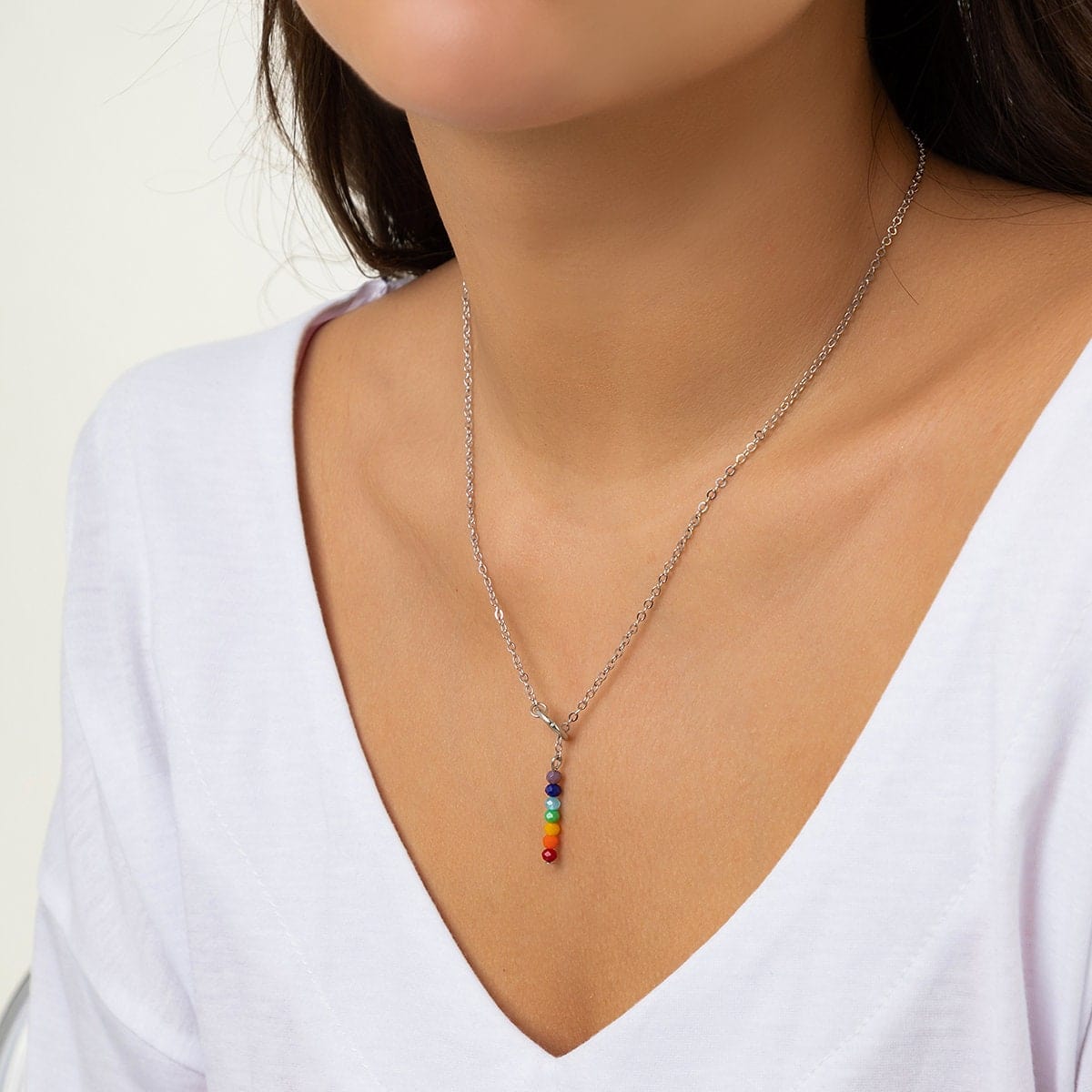 Dainty Rainbow Beaded Crystal Y Necklace - ArtGalleryZen