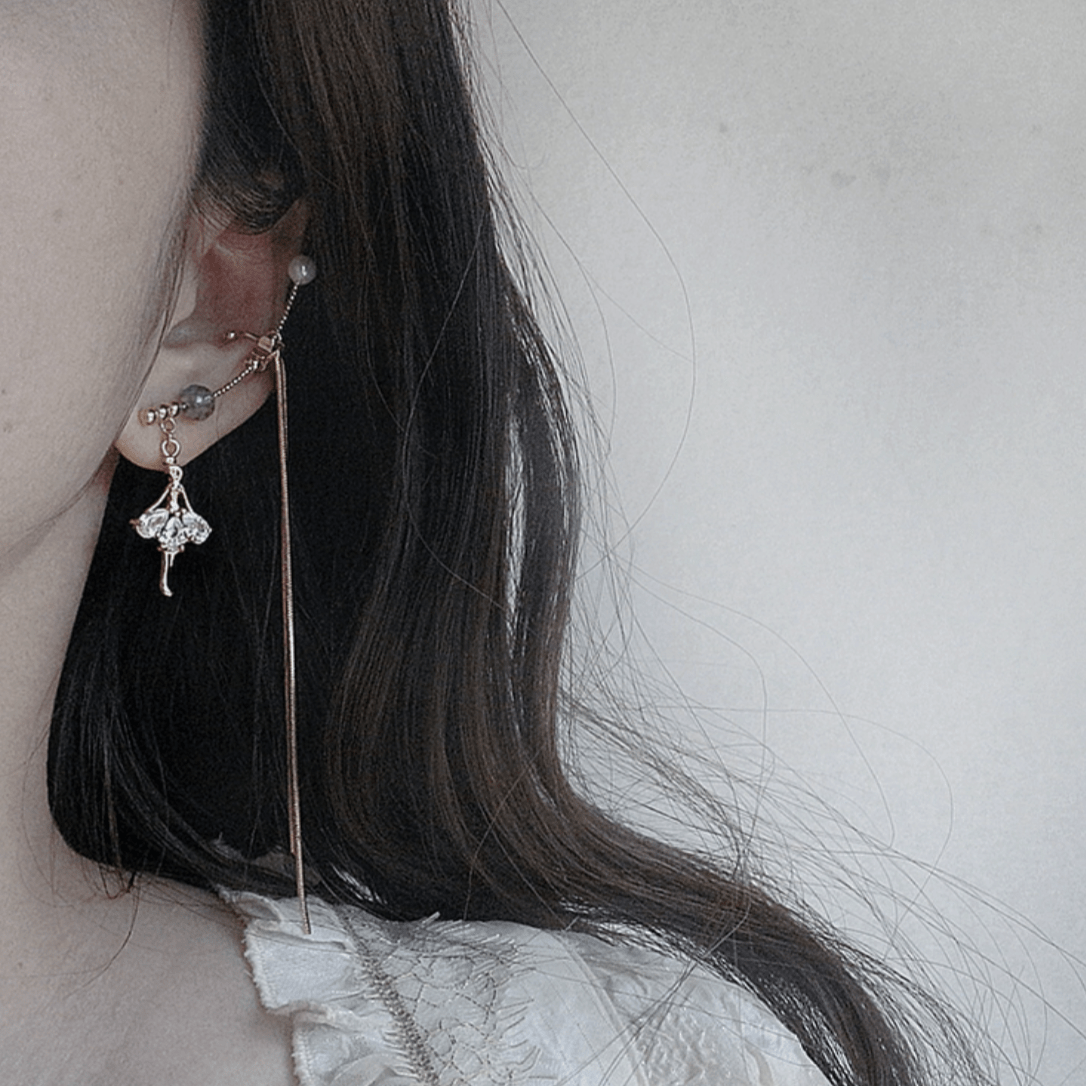 Dainty Rhinestone Inlaid Ballet Dancer Dangle Long Chain Ear Clip Earring - ArtGalleryZen