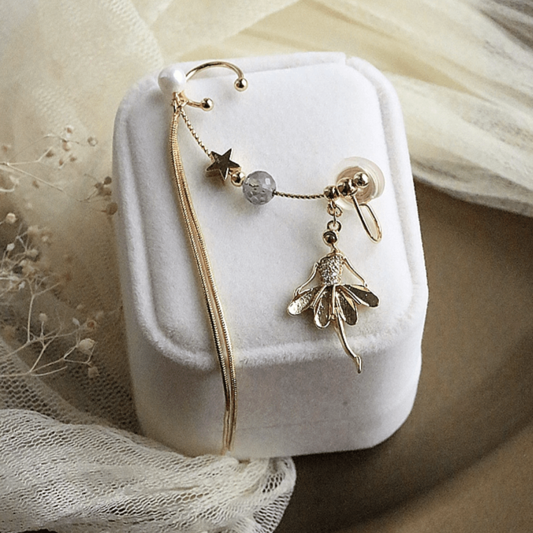 Dainty Rhinestone Inlaid Ballet Dancer Dangle Long Chain Ear Clip Earring - ArtGalleryZen