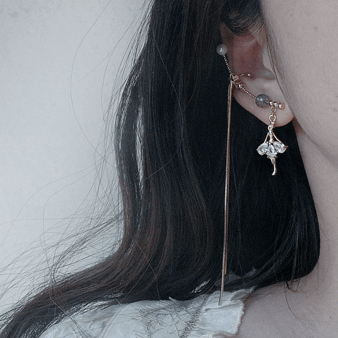 Dainty Rhinestone Inlaid Ballet Dancer Dangle Long Chain Ear Clip Earring - ArtGalleryZen