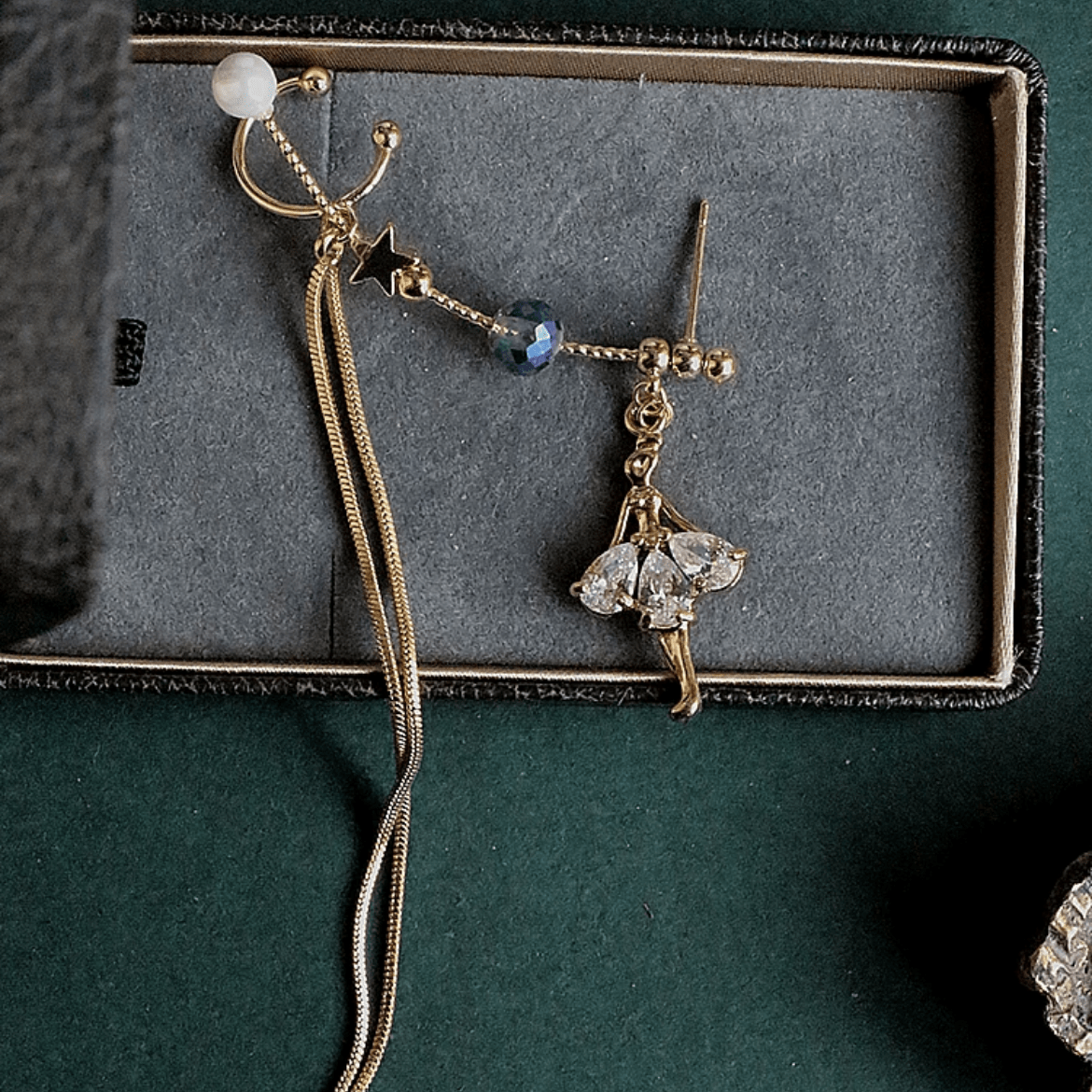 Dainty Rhinestone Inlaid Ballet Dancer Dangle Long Chain Ear Clip Earring - ArtGalleryZen