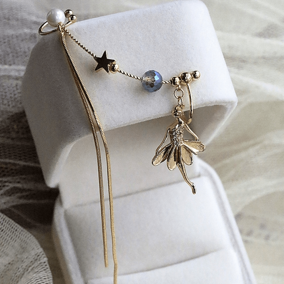 Dainty Rhinestone Inlaid Ballet Dancer Dangle Long Chain Ear Clip Earring - ArtGalleryZen