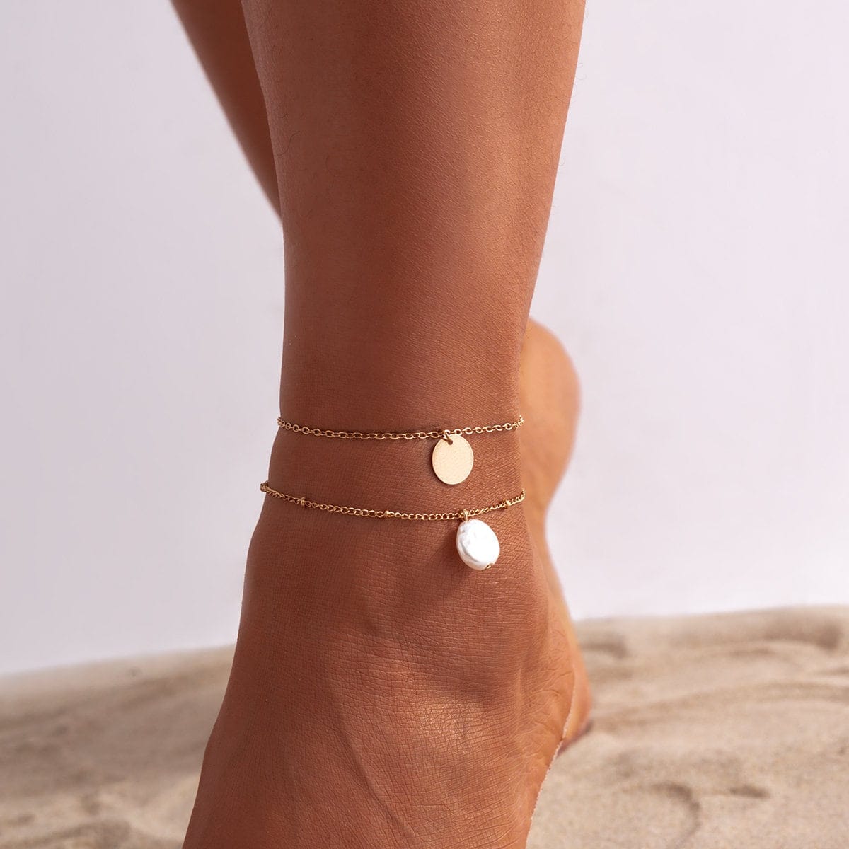 Dainty Sequin Pearl Charm Cable Saturn Chain Stackable Anklet Set - ArtGalleryZen