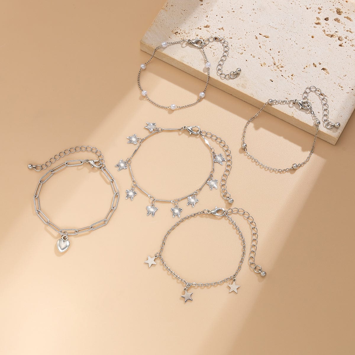 Delicate Layered Heart Butterfly Star Tassel Pearl Cable Chain Bracelet Set - ArtGalleryZen