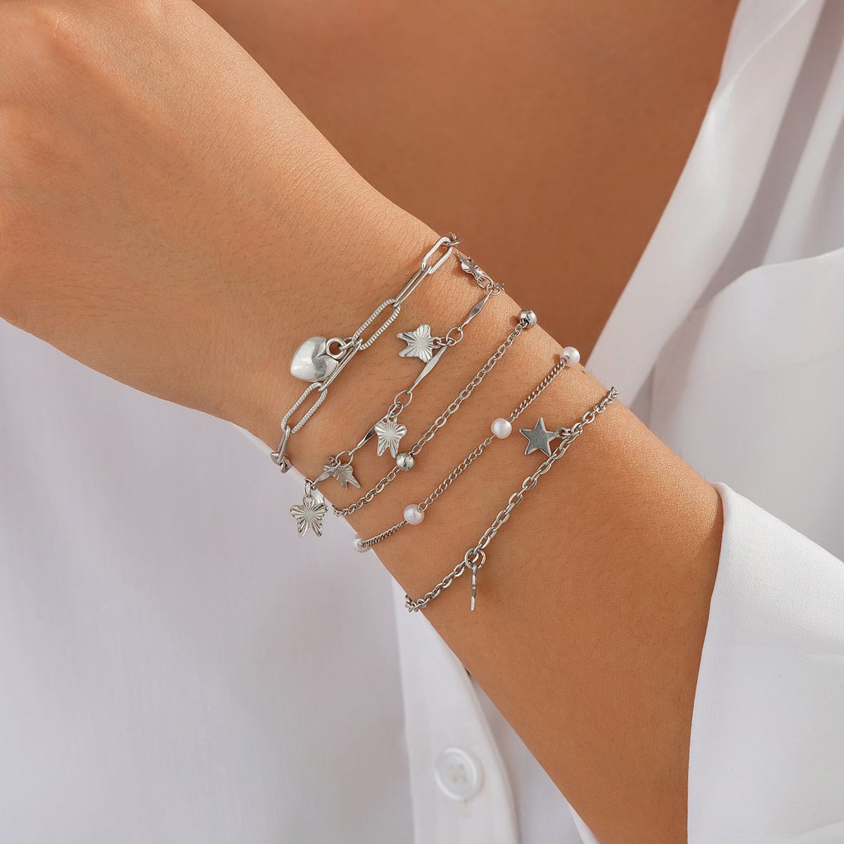 Delicate Layered Heart Butterfly Star Tassel Pearl Cable Chain Bracelet Set - ArtGalleryZen