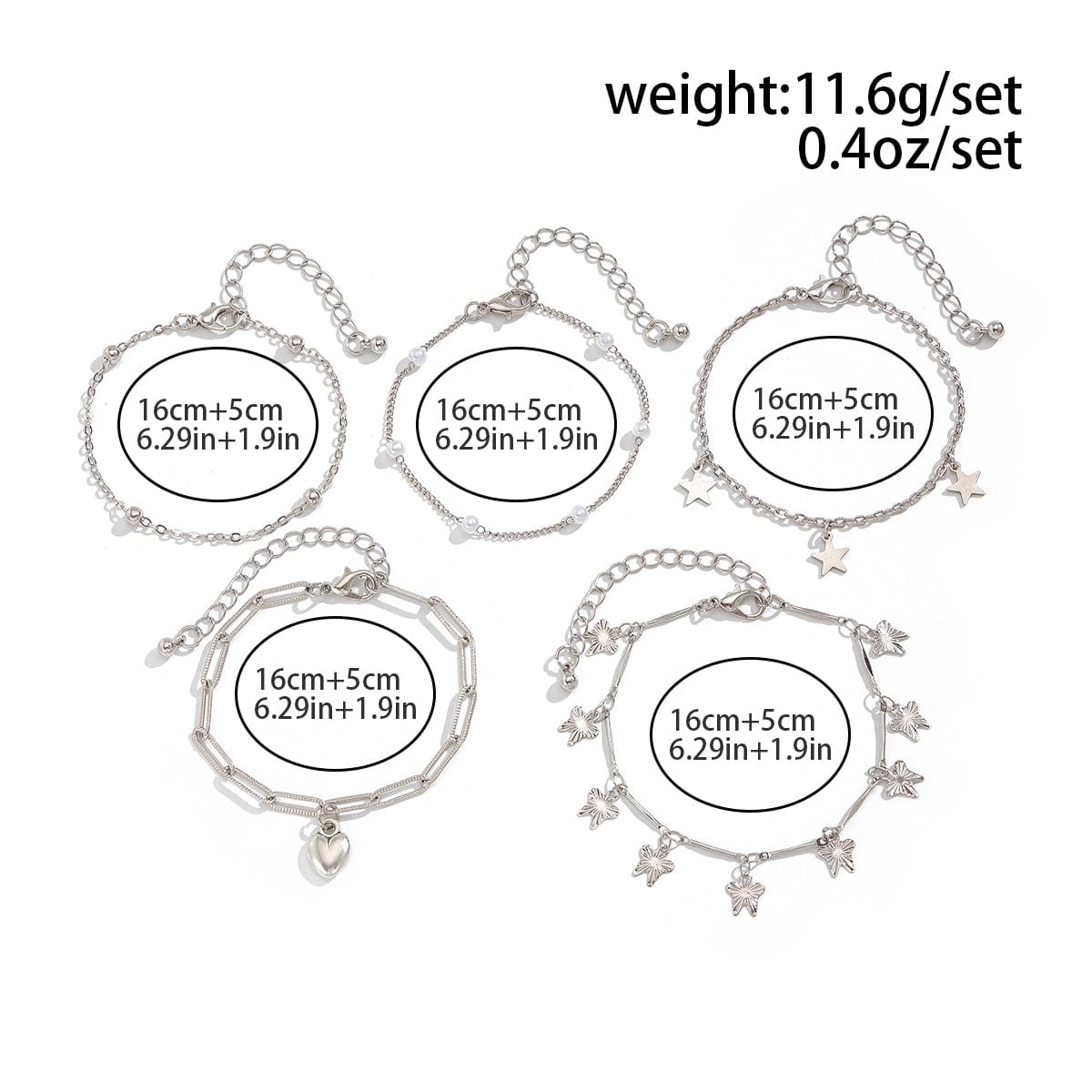 Delicate Layered Heart Butterfly Star Tassel Pearl Cable Chain Bracelet Set - ArtGalleryZen