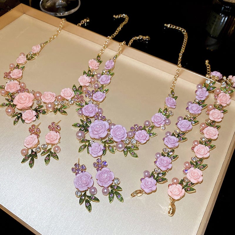 Delicate Pearl Rhinestone Inlaid Enamel Camellia Flower Necklace Bracelet Earrings - ArtGalleryZen