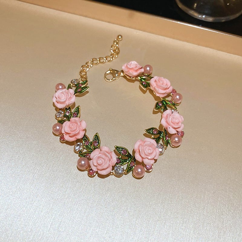 Delicate Pearl Rhinestone Inlaid Enamel Camellia Flower Necklace Bracelet Earrings - ArtGalleryZen