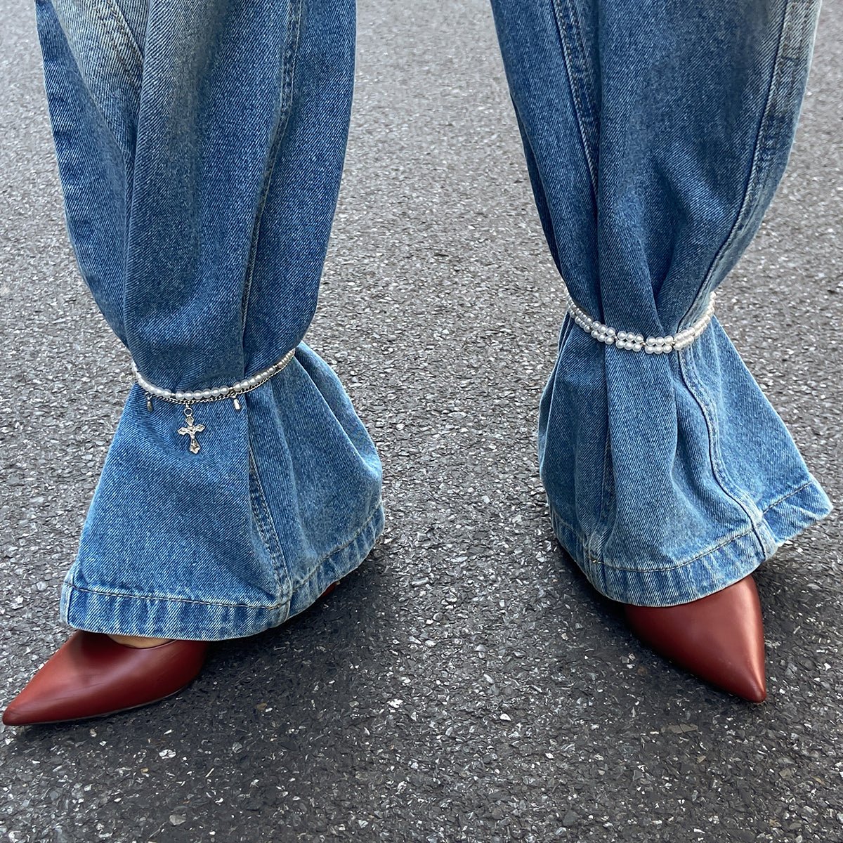 Elegant 2pcs Cross Charm Pearl Chain Anklet Set - ArtGalleryZen