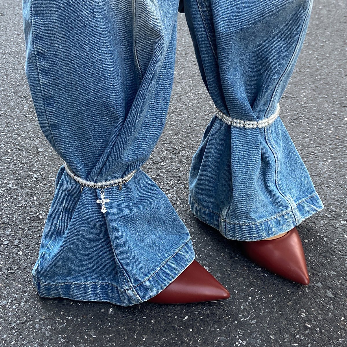 Elegant 2pcs Cross Charm Pearl Chain Anklet Set - ArtGalleryZen