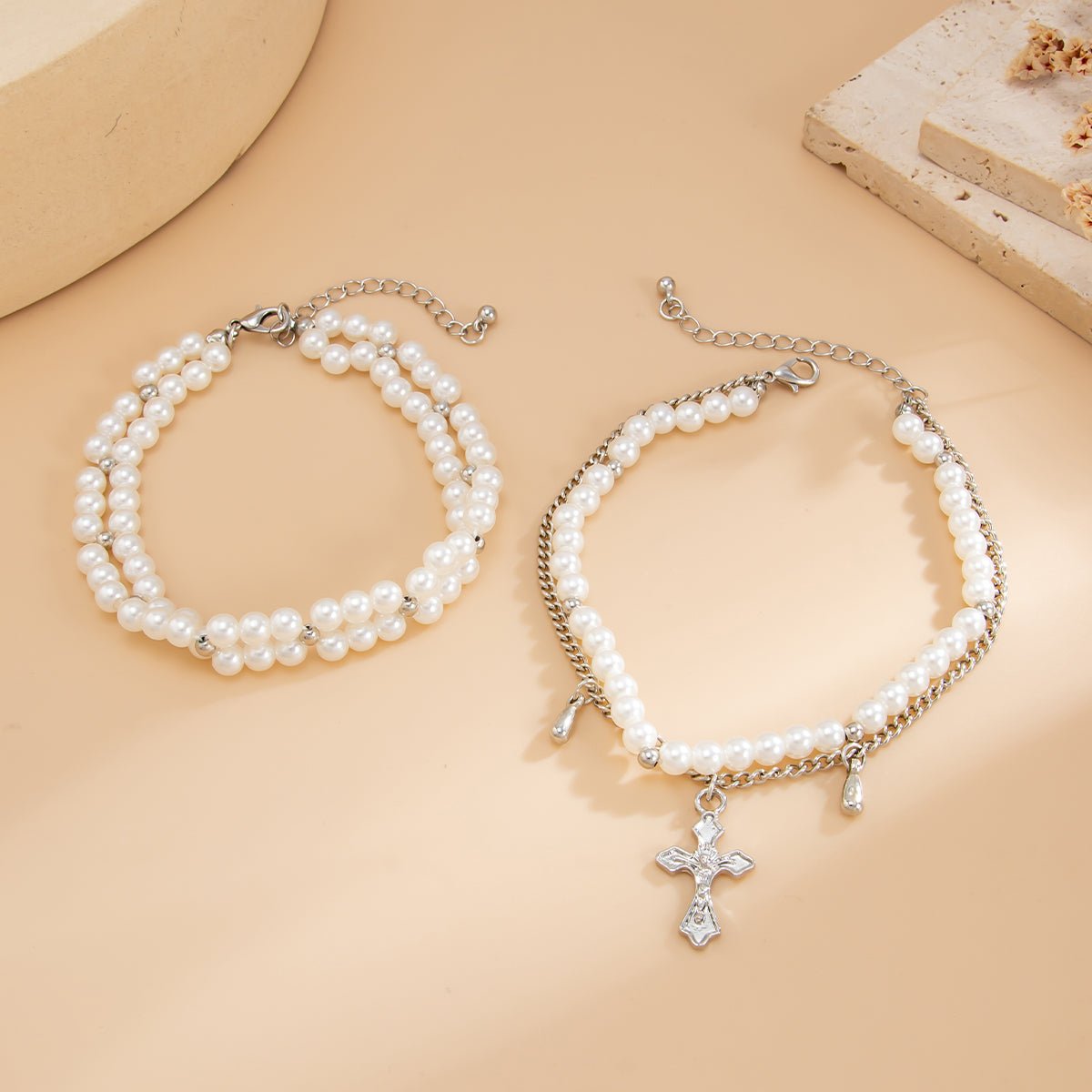 Elegant 2pcs Cross Charm Pearl Chain Anklet Set - ArtGalleryZen