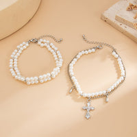 Thumbnail for Elegant 2pcs Cross Charm Pearl Chain Anklet Set - ArtGalleryZen