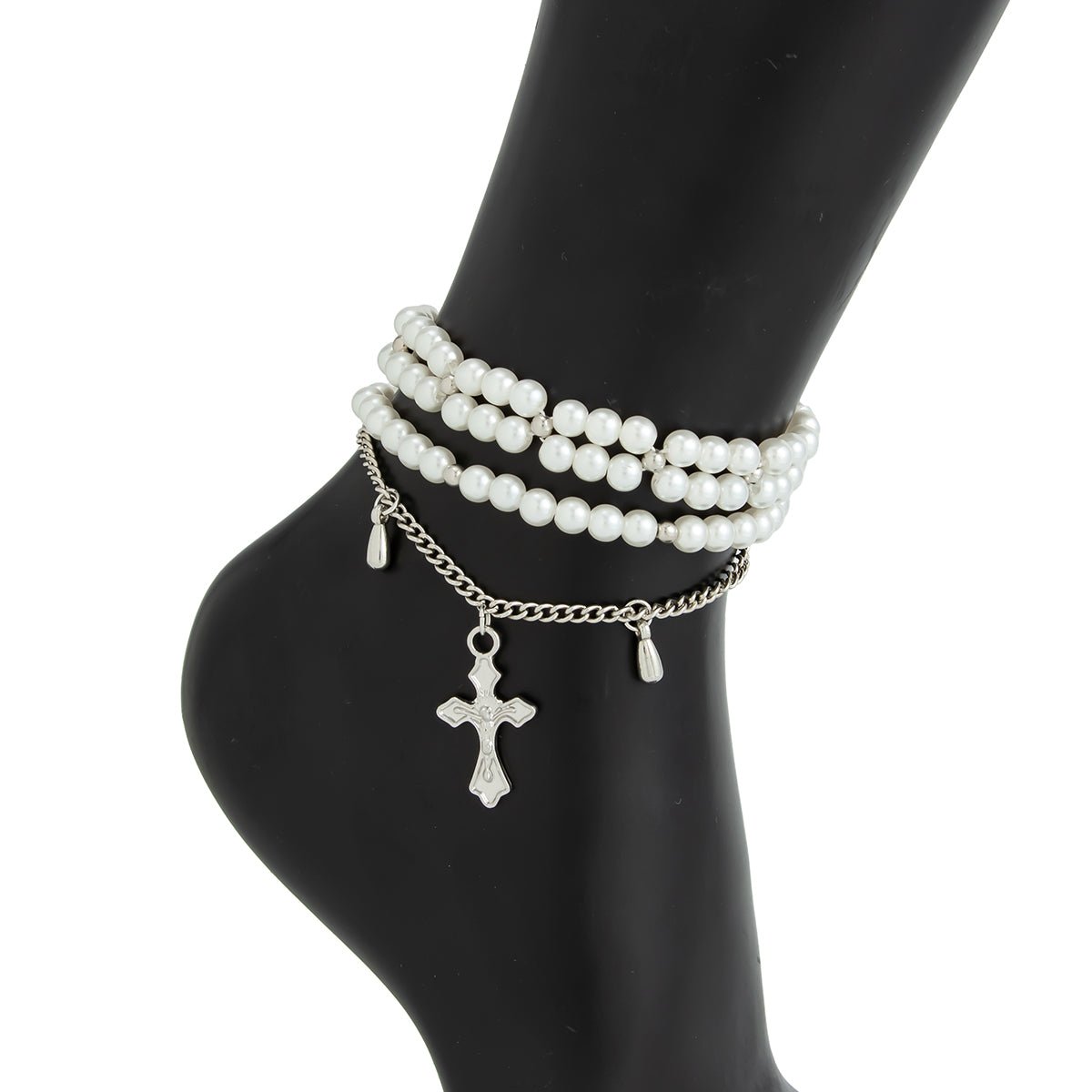 Elegant 2pcs Cross Charm Pearl Chain Anklet Set - ArtGalleryZen