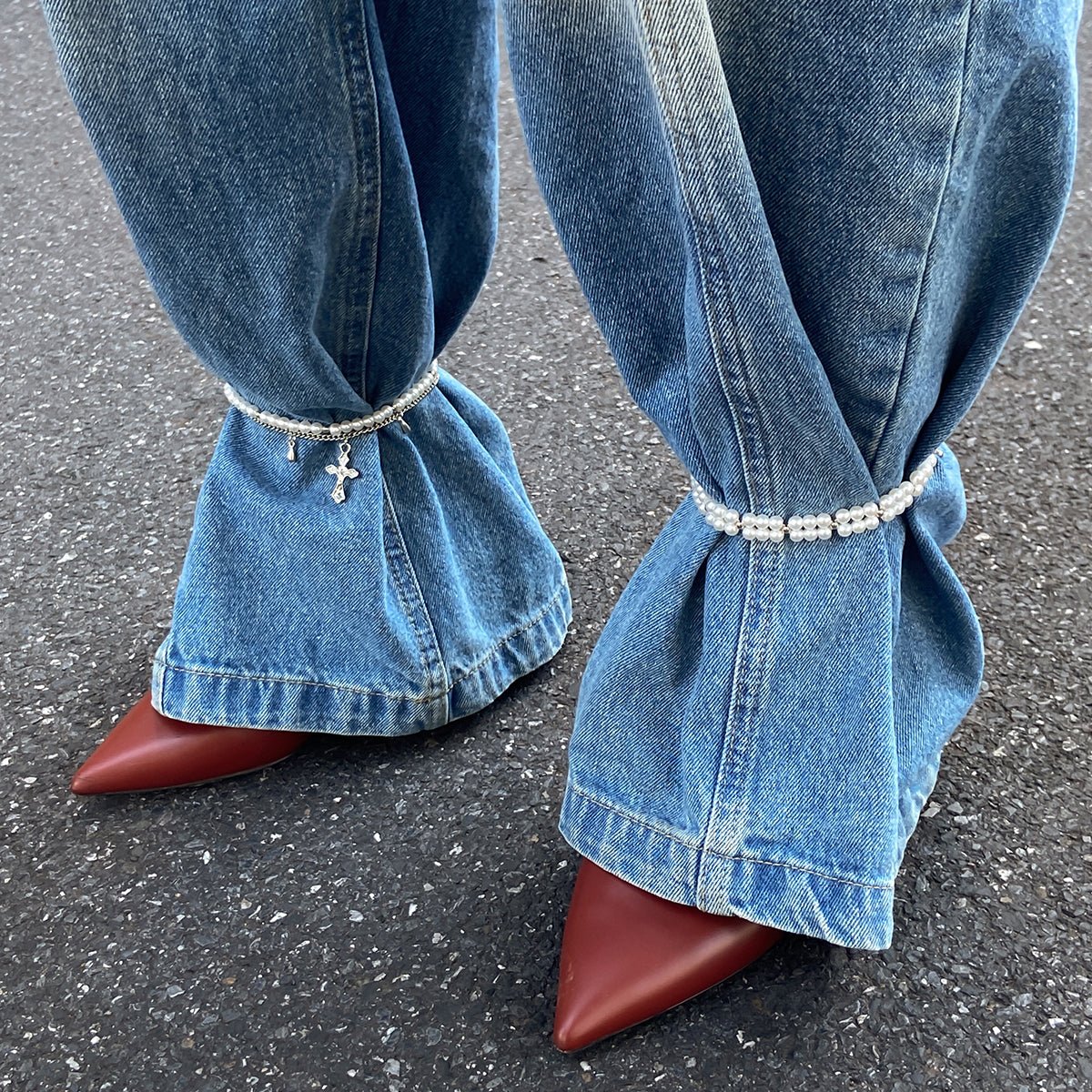 Elegant 2pcs Cross Charm Pearl Chain Anklet Set - ArtGalleryZen