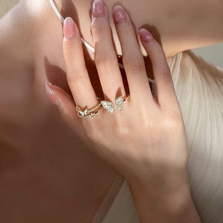 Elegant 2pcs CZ Inlaid Enamel Butterfly Flower Open Ring Set - ArtGalleryZen