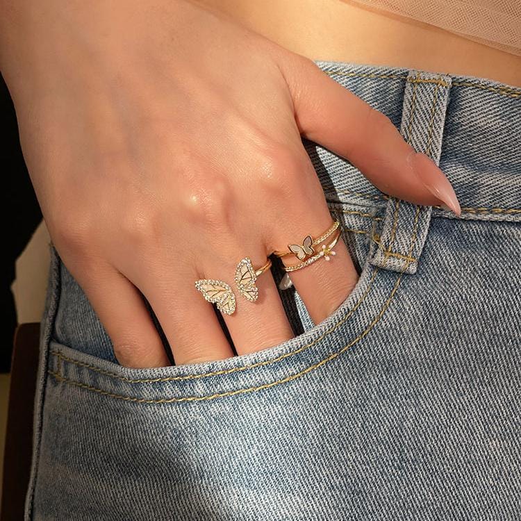Elegant 2pcs CZ Inlaid Enamel Butterfly Flower Open Ring Set - ArtGalleryZen