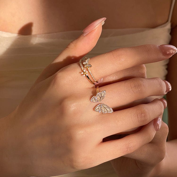 Elegant 2pcs CZ Inlaid Enamel Butterfly Flower Open Ring Set - ArtGalleryZen