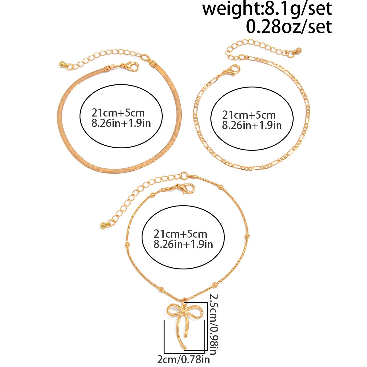 Elegant 3pcs Bowknot Charm Herringbone Chain Anklet Set - ArtGalleryZen