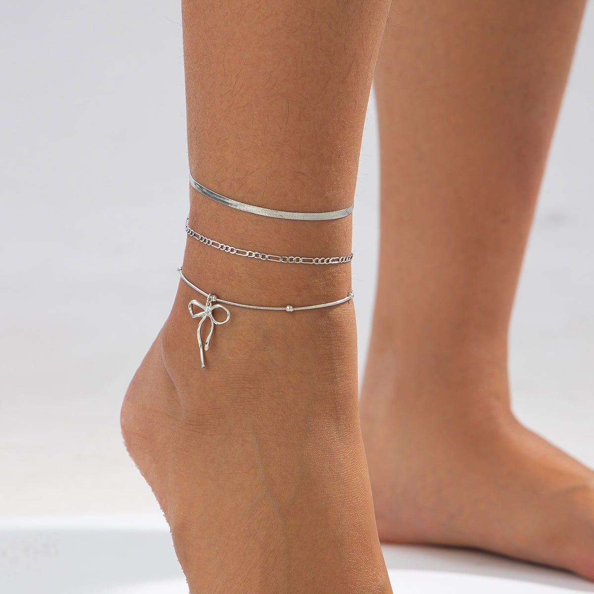 Elegant 3pcs Bowknot Charm Herringbone Chain Anklet Set - ArtGalleryZen