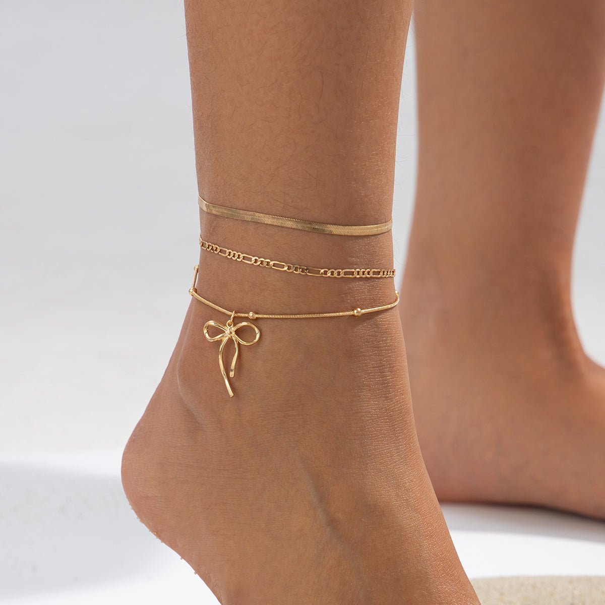Elegant 3pcs Bowknot Charm Herringbone Chain Anklet Set - ArtGalleryZen