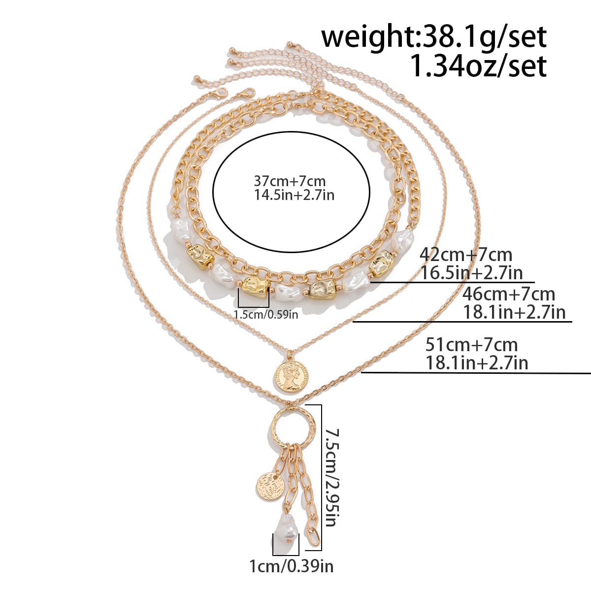 Elegant 4pcs Irregular Pearl Round Disk Tassel Cable Chain Necklace Set - ArtGalleryZen