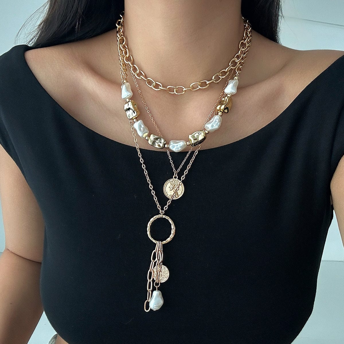Elegant 4pcs Irregular Pearl Round Disk Tassel Cable Chain Necklace Set - ArtGalleryZen